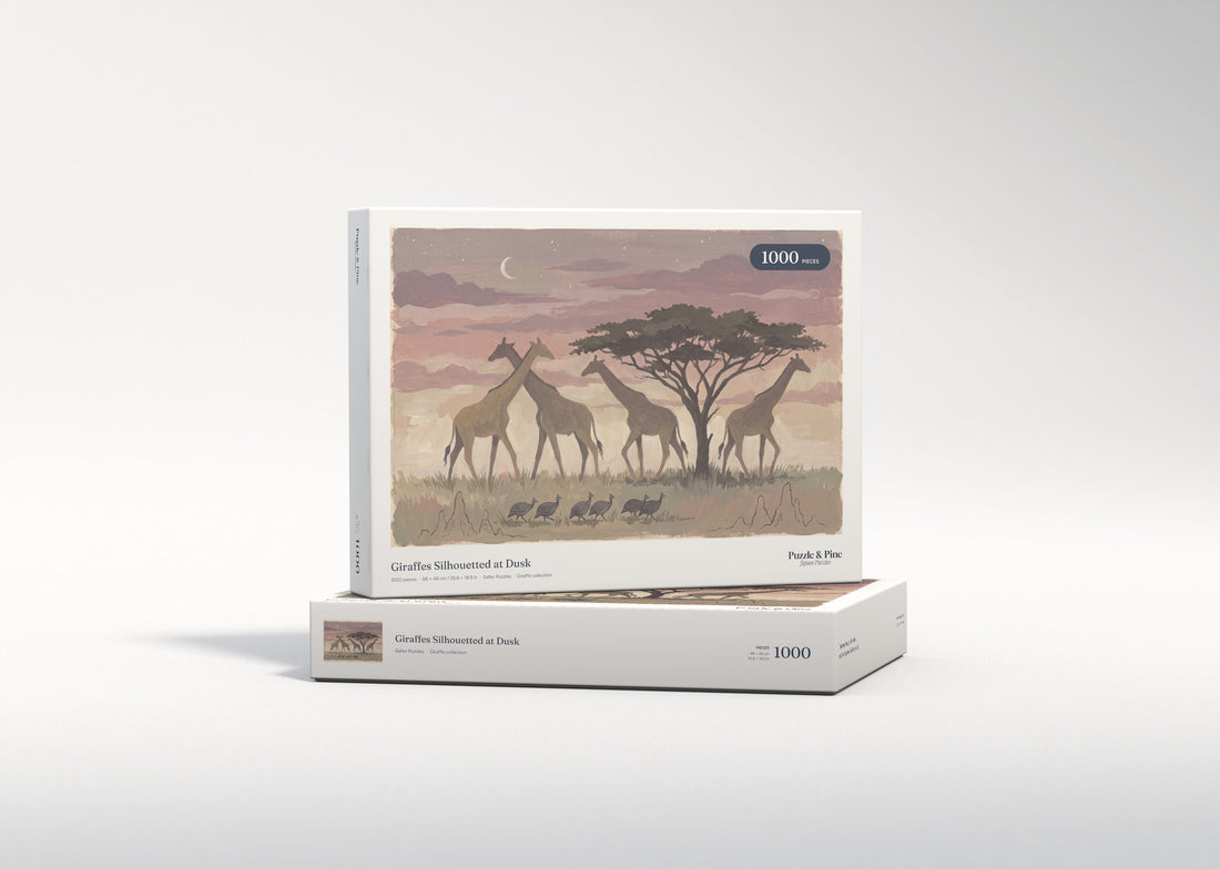 Giraffes Silhouetted at Dusk jigsaw puzzle - gift box