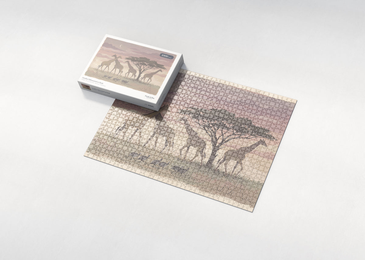 Giraffes Silhouetted at Dusk jigsaw puzzle - box and puzzle