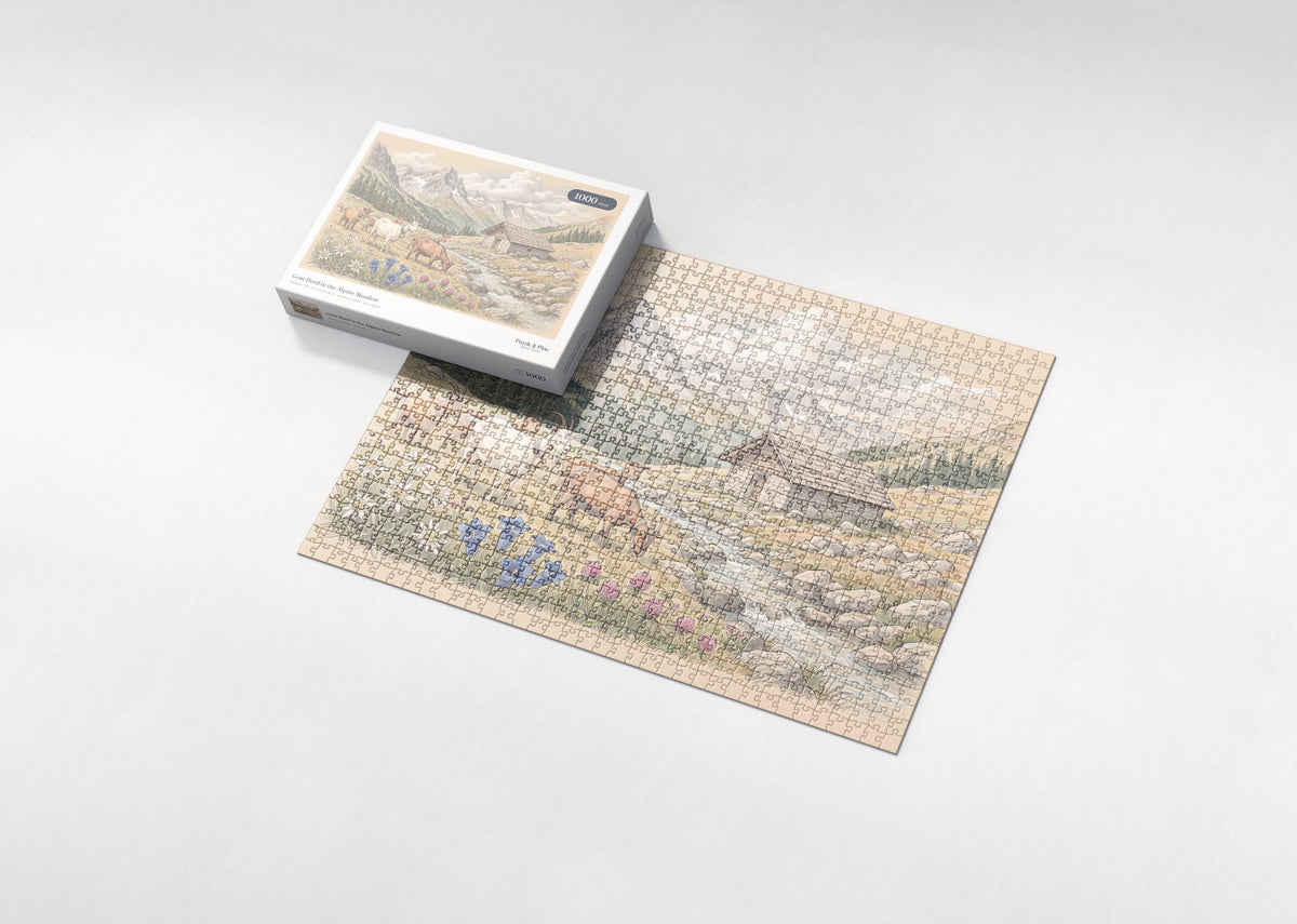 Goat Herd in the Alpine Meadow jigsaw puzzle - box and puzzle
