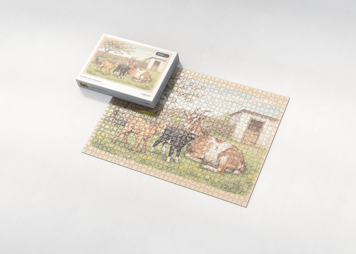 Goat Kids in the Spring Grass jigsaw puzzle - box and puzzle