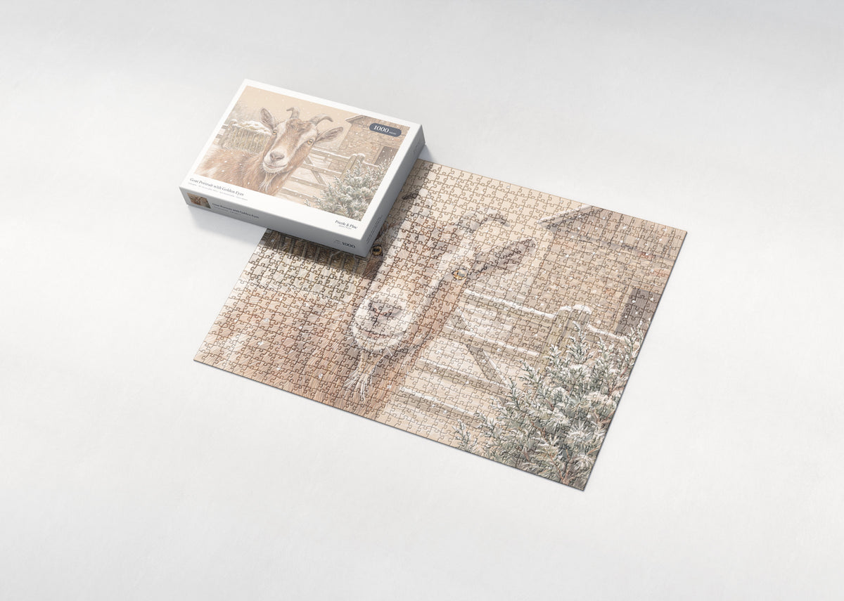 Goat Portrait with Golden Eyes jigsaw puzzle - box and puzzle