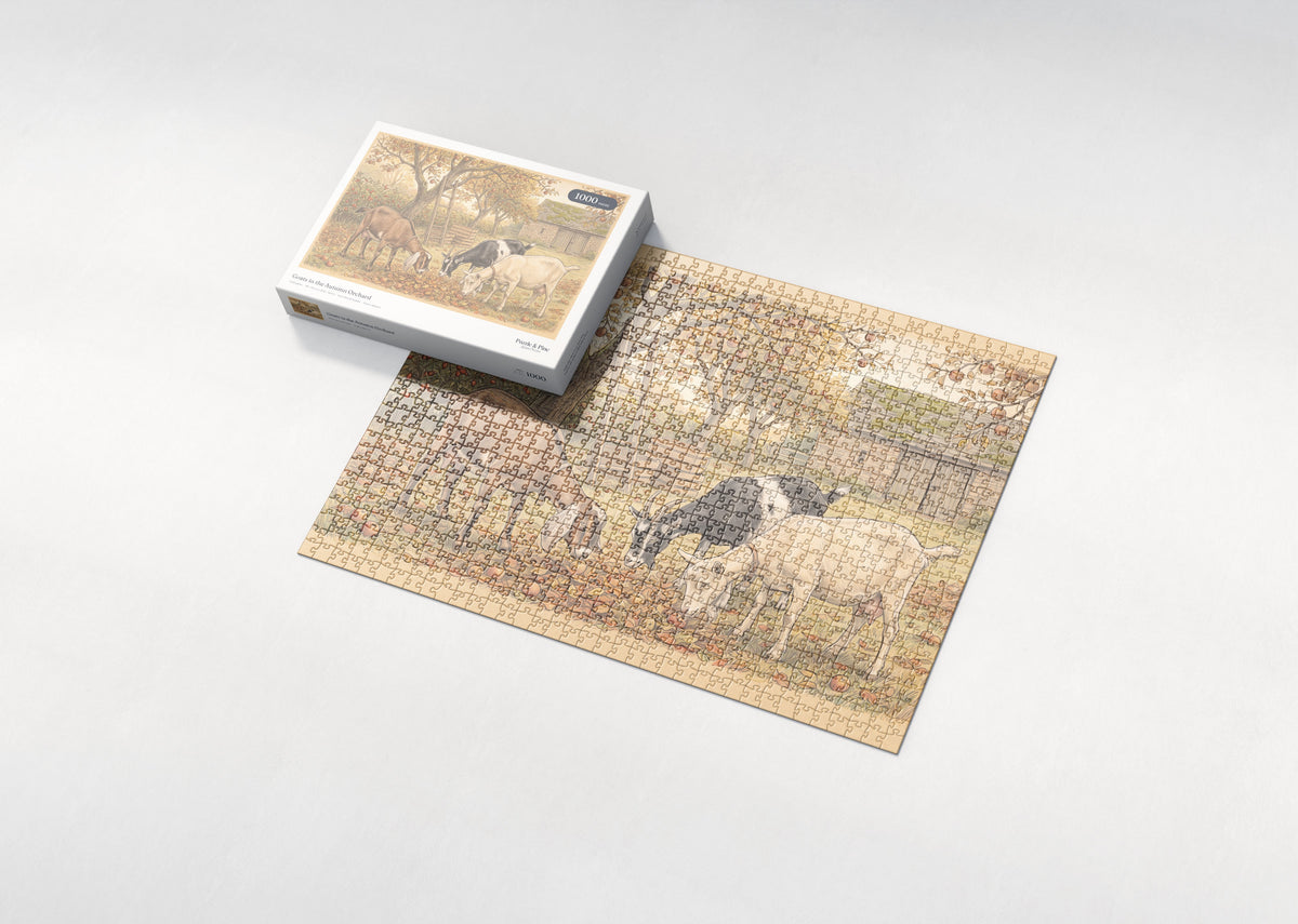 Goats in the Autumn Orchard jigsaw puzzle - box and puzzle