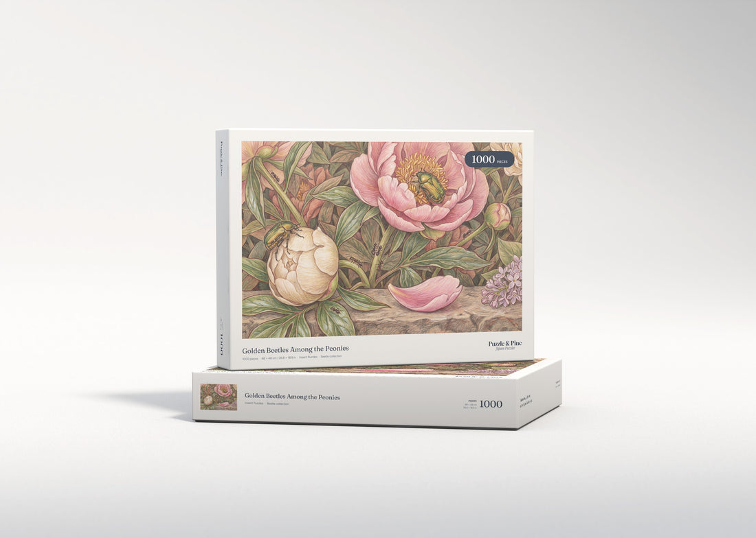 Golden Beetles Among the Peonies jigsaw puzzle - gift box