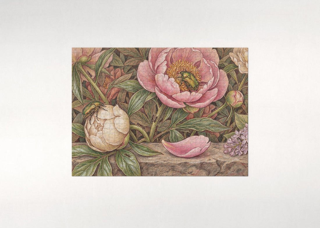 Golden Beetles Among the Peonies jigsaw puzzle - gift box