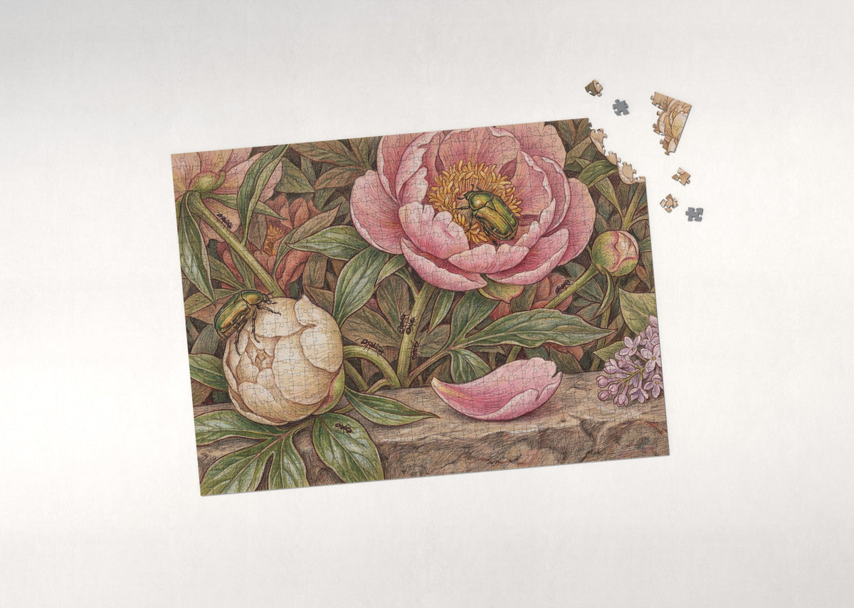 Golden Beetles Among the Peonies jigsaw puzzle - puzzle with loose pieces