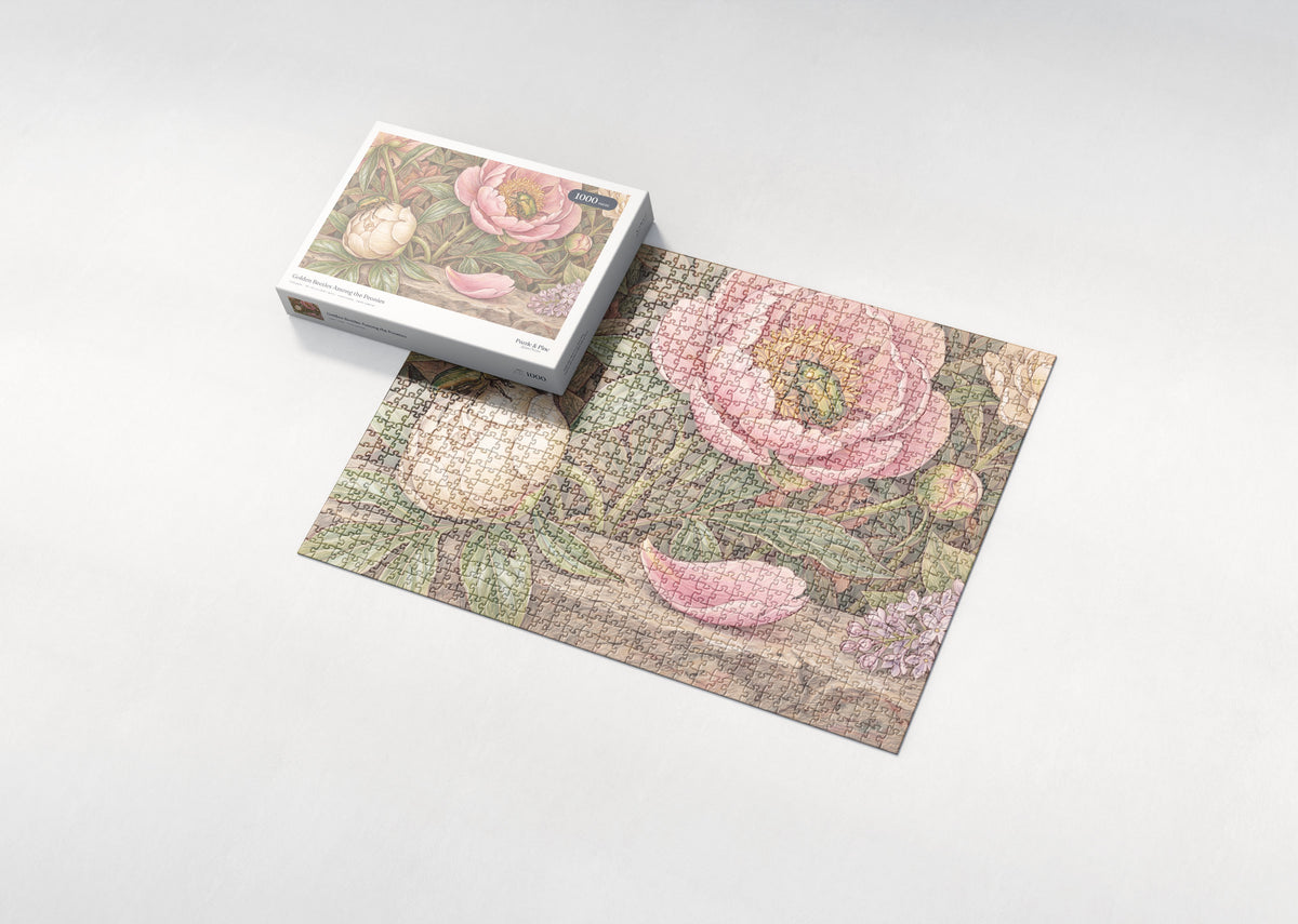 Golden Beetles Among the Peonies jigsaw puzzle - box and puzzle