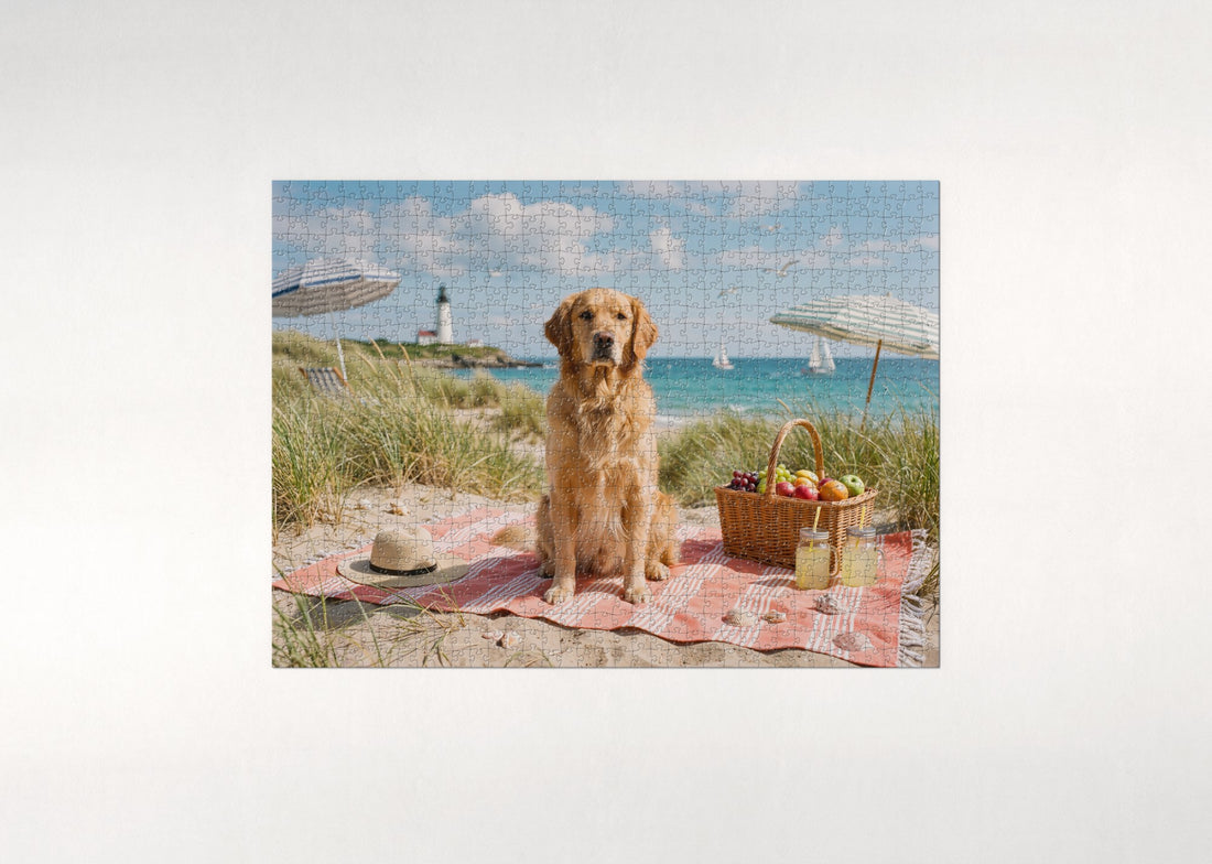 Golden Retriever at the Seaside Picnic jigsaw puzzle - gift box