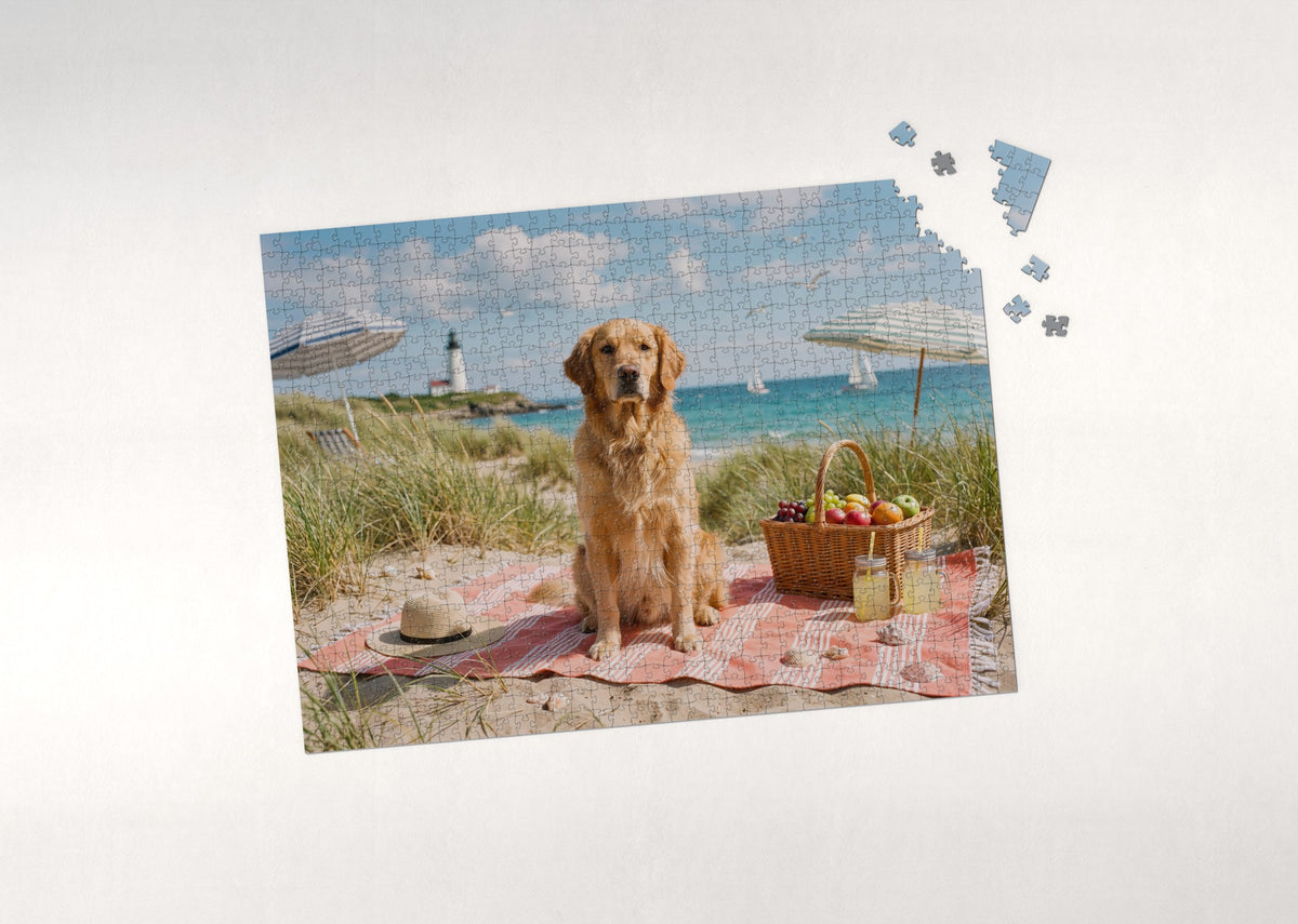 Golden Retriever at the Seaside Picnic jigsaw puzzle - puzzle with loose pieces