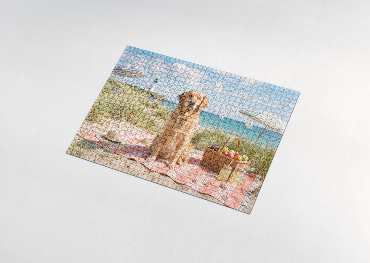 Golden Retriever at the Seaside Picnic jigsaw puzzle - assembled puzzle