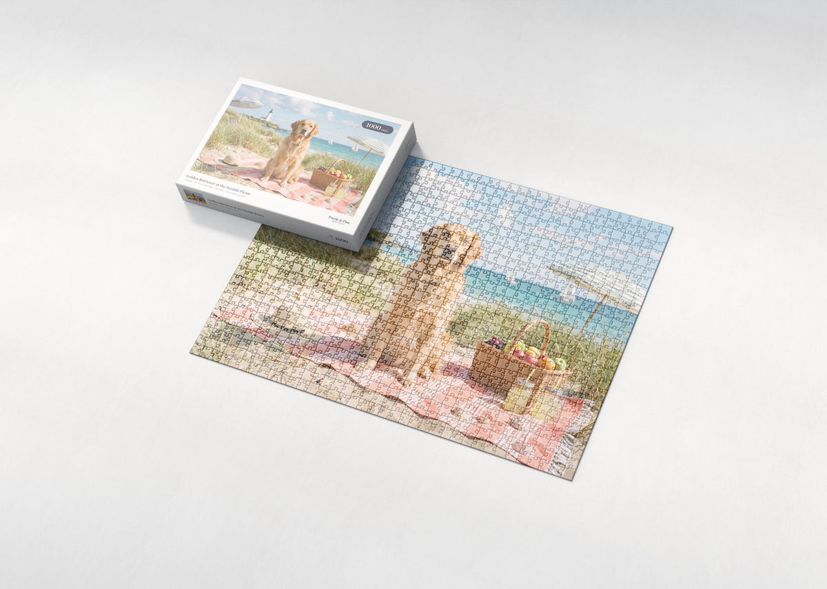 Golden Retriever at the Seaside Picnic jigsaw puzzle - box and puzzle