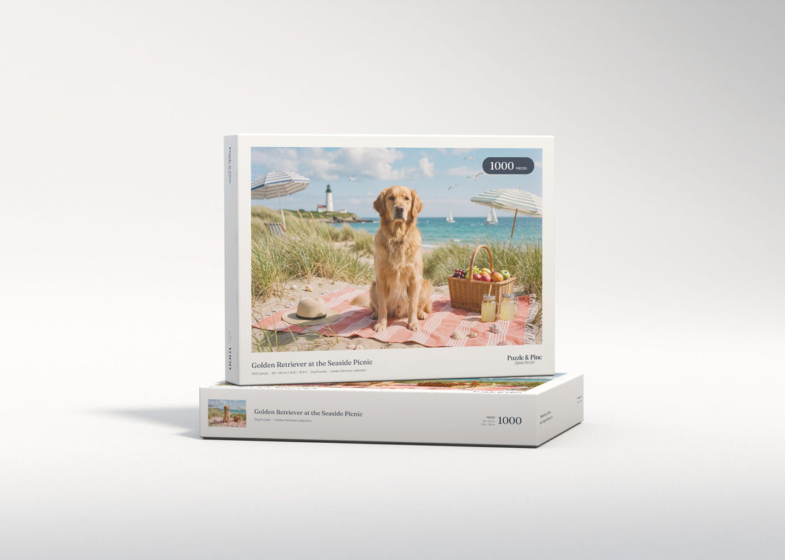 Golden Retriever at the Seaside Picnic jigsaw puzzle - gift box