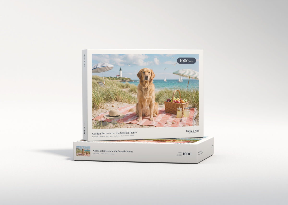Golden Retriever at the Seaside Picnic jigsaw puzzle - gift box