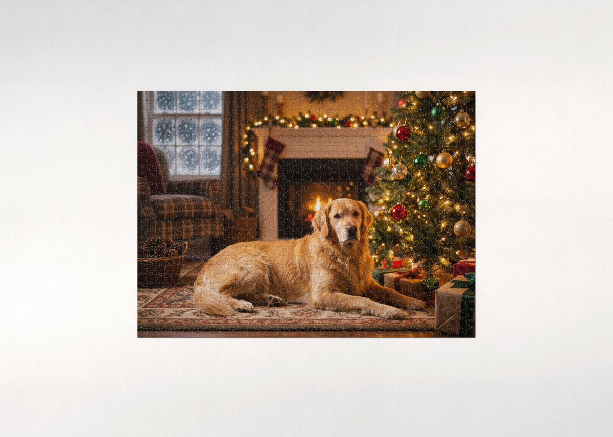 Golden Retriever by the Christmas Tree jigsaw puzzle - flat puzzle