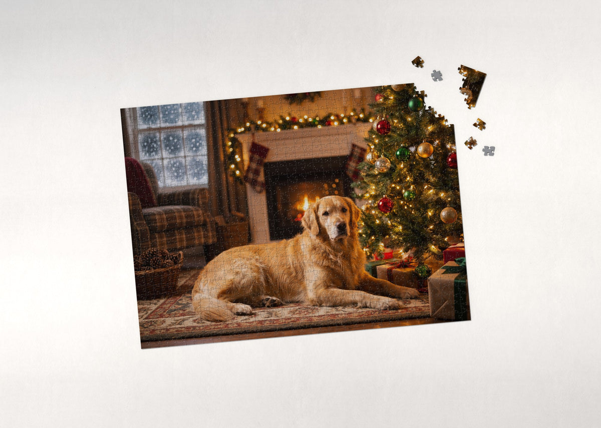 Golden Retriever by the Christmas Tree jigsaw puzzle - puzzle with loose pieces