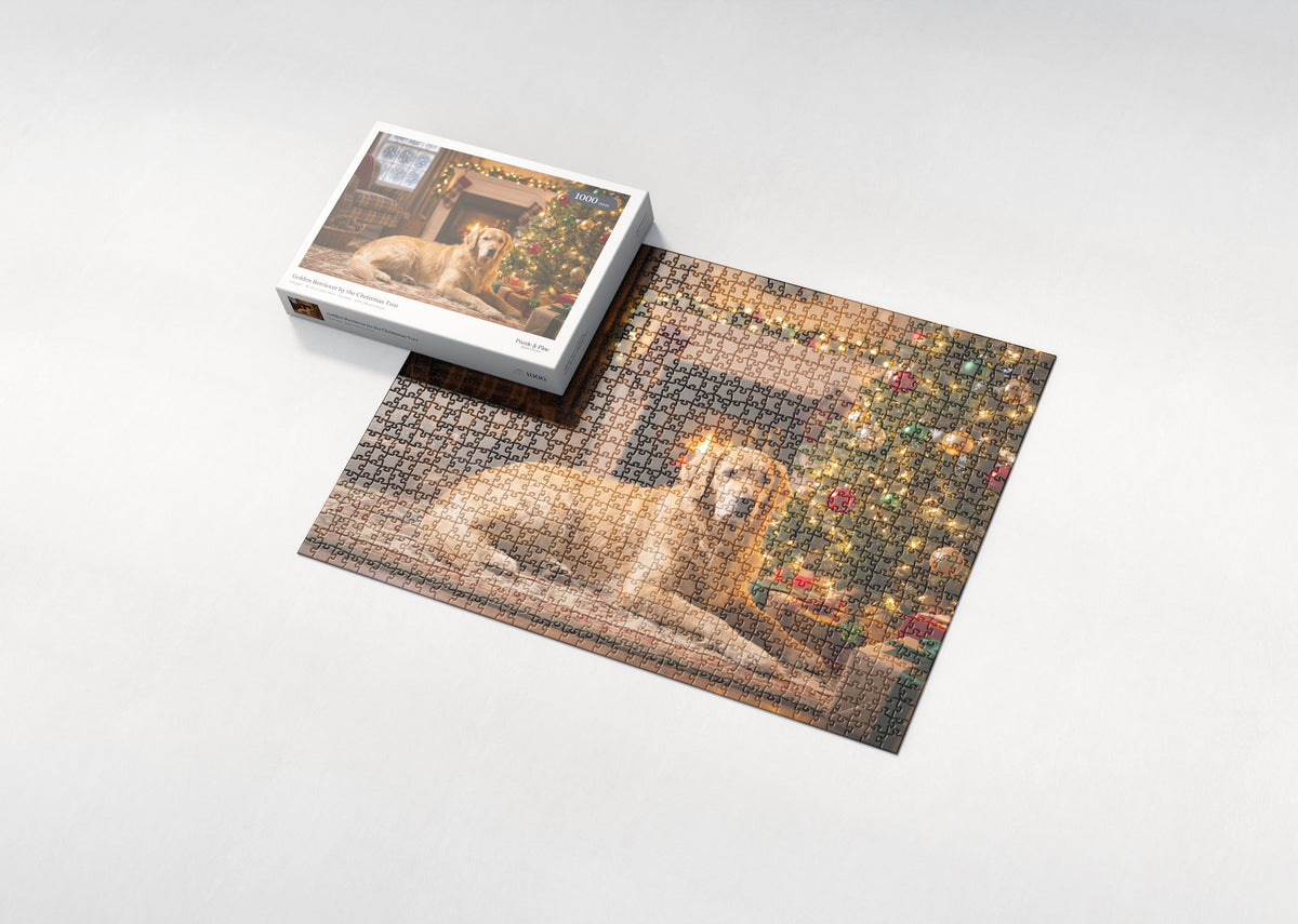 Golden Retriever by the Christmas Tree jigsaw puzzle - box and puzzle