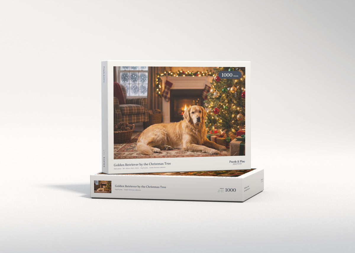 Golden Retriever by the Christmas Tree jigsaw puzzle - gift box