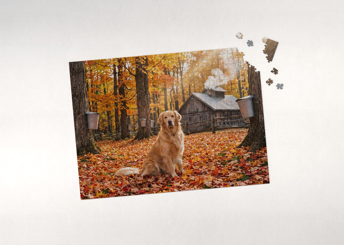 Golden Retriever in the Maple Grove jigsaw puzzle - puzzle with loose pieces