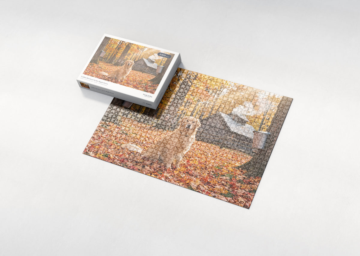 Golden Retriever in the Maple Grove jigsaw puzzle - box and puzzle