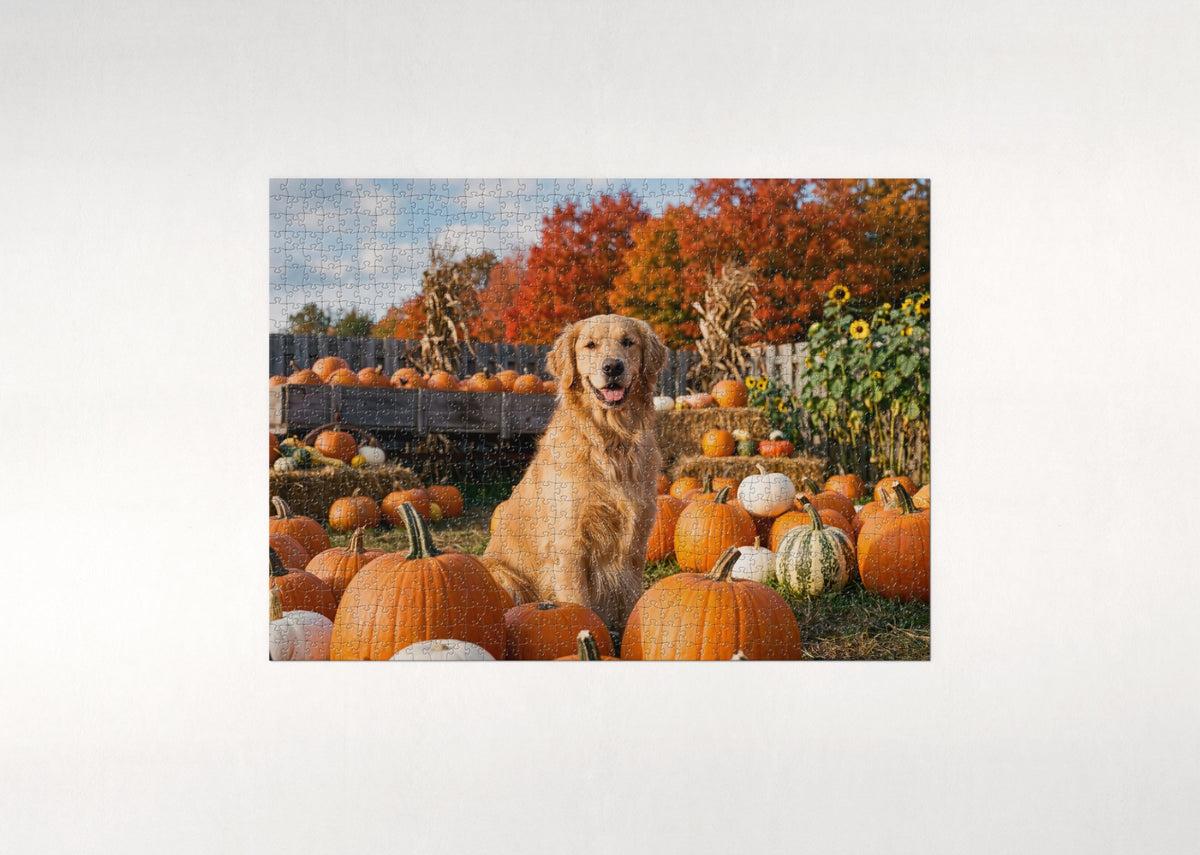 Golden Retriever in the Pumpkin Patch jigsaw puzzle - flat puzzle