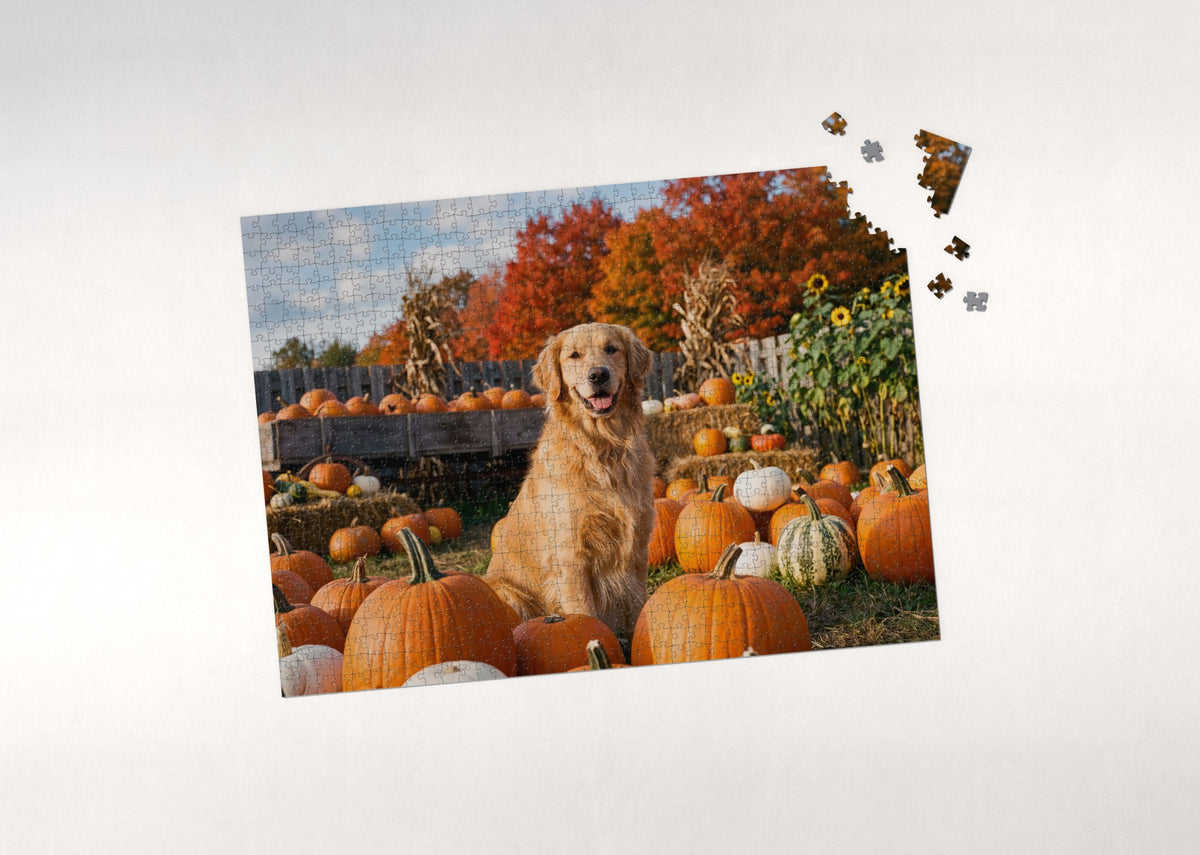 Golden Retriever in the Pumpkin Patch jigsaw puzzle - puzzle with loose pieces