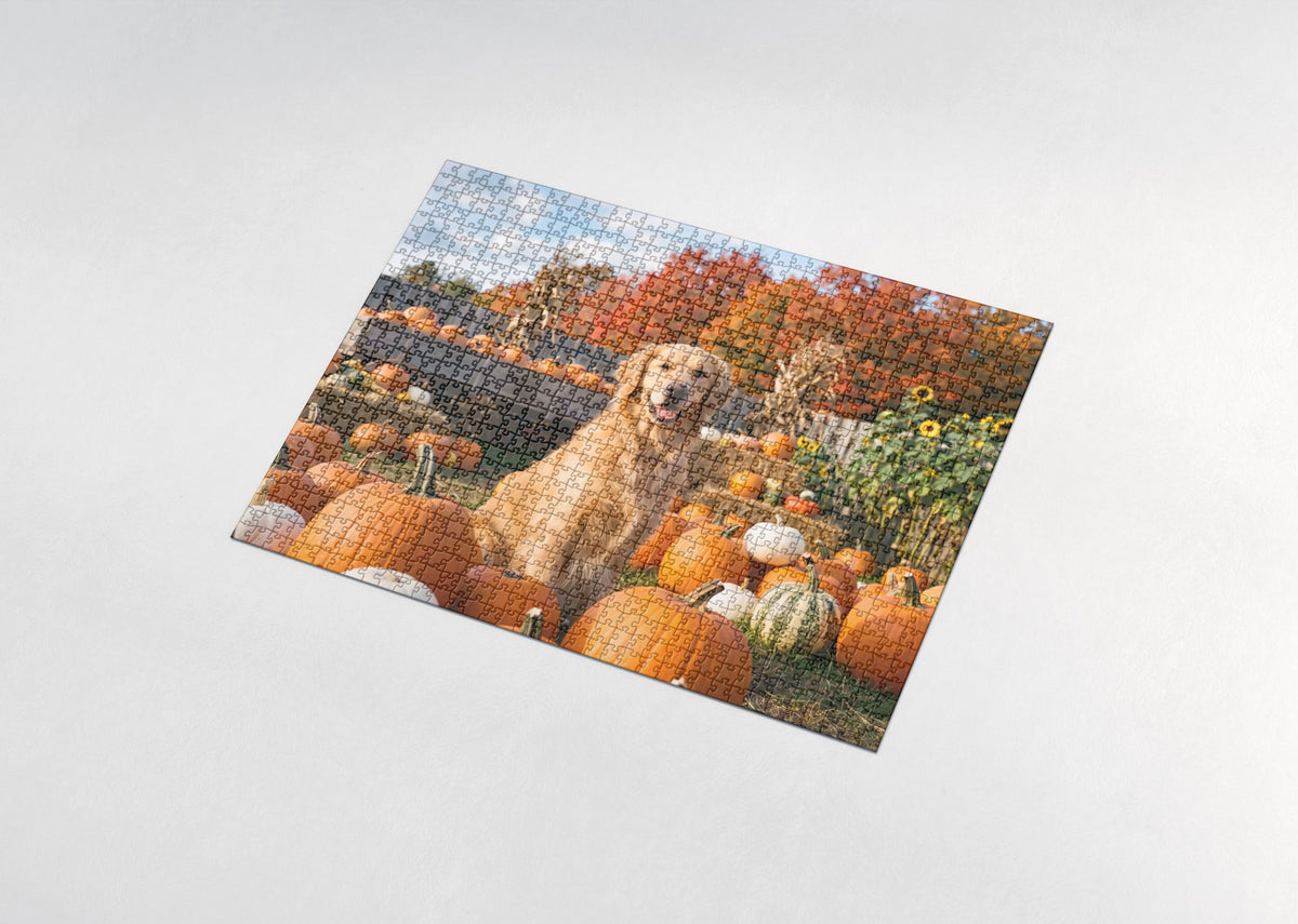 Golden Retriever in the Pumpkin Patch jigsaw puzzle - assembled puzzle