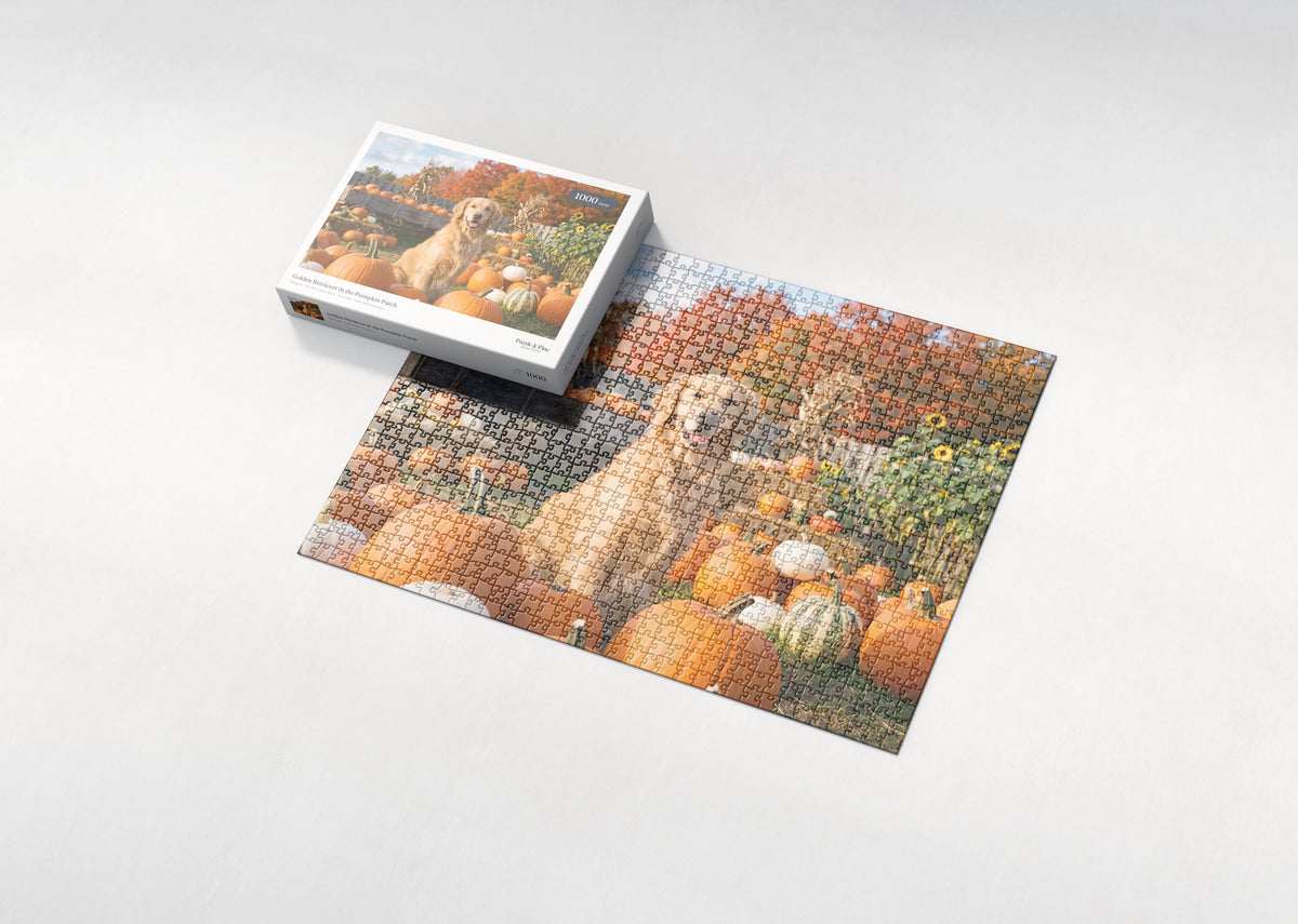 Golden Retriever in the Pumpkin Patch jigsaw puzzle - box and puzzle