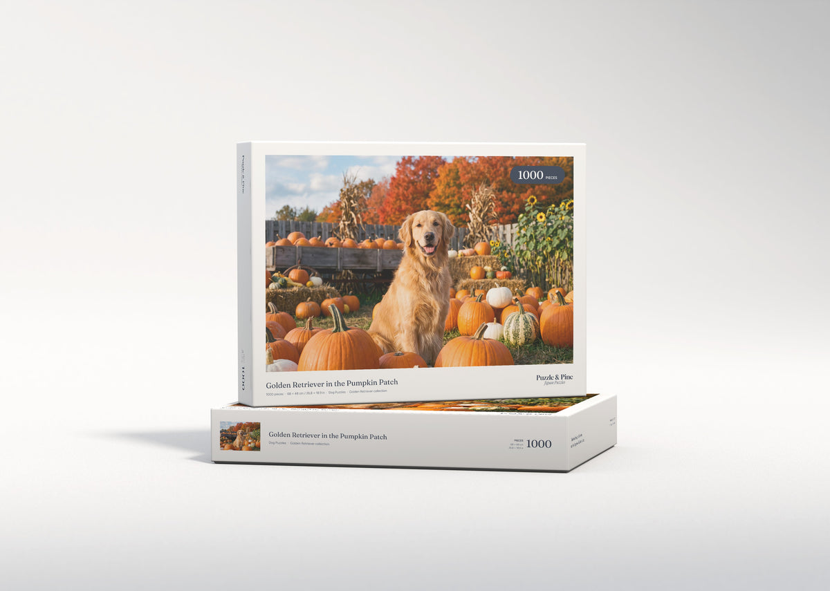 Golden Retriever in the Pumpkin Patch jigsaw puzzle - gift box