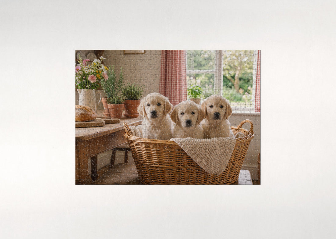 Golden Retriever Puppies in the Basket jigsaw puzzle - gift box