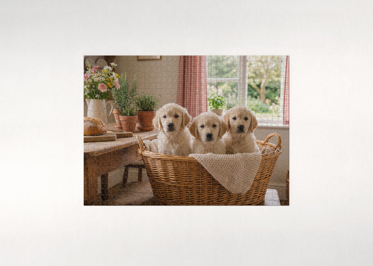 Golden Retriever Puppies in the Basket jigsaw puzzle - flat puzzle