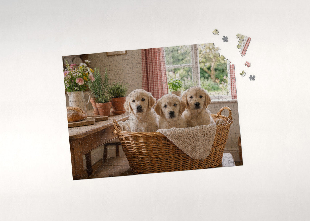 Golden Retriever Puppies in the Basket jigsaw puzzle - puzzle with loose pieces