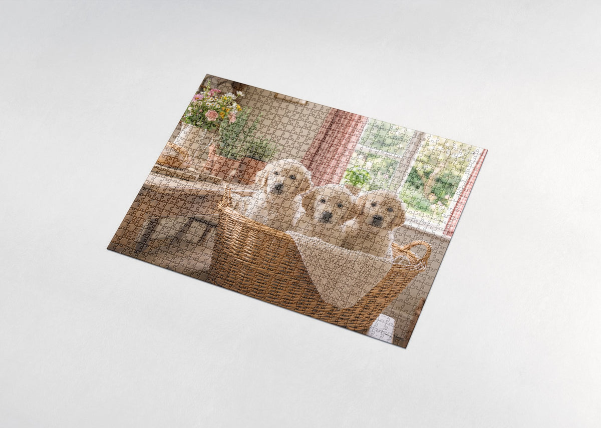 Golden Retriever Puppies in the Basket jigsaw puzzle - assembled puzzle
