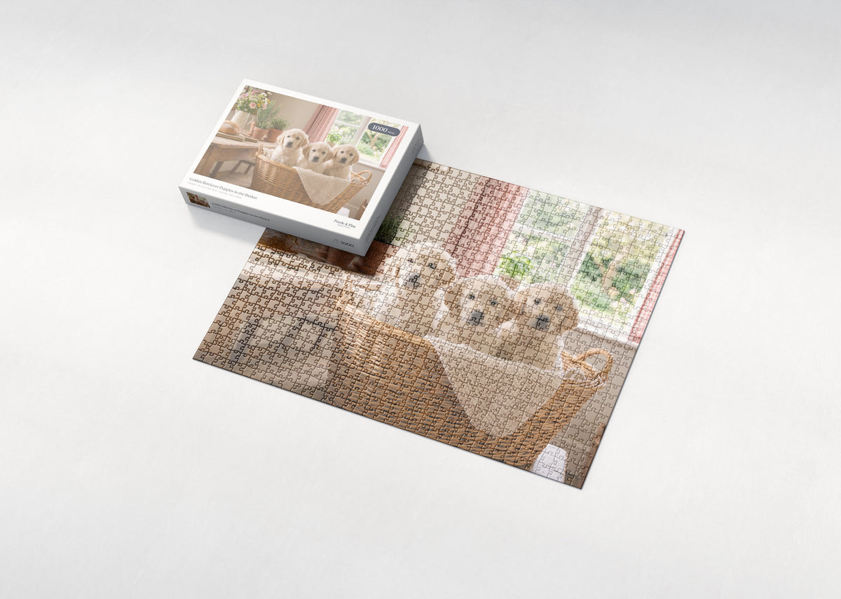 Golden Retriever Puppies in the Basket jigsaw puzzle - box and puzzle