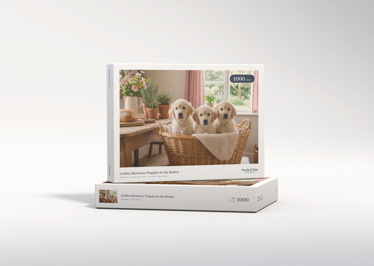 Golden Retriever Puppies in the Basket jigsaw puzzle - gift box