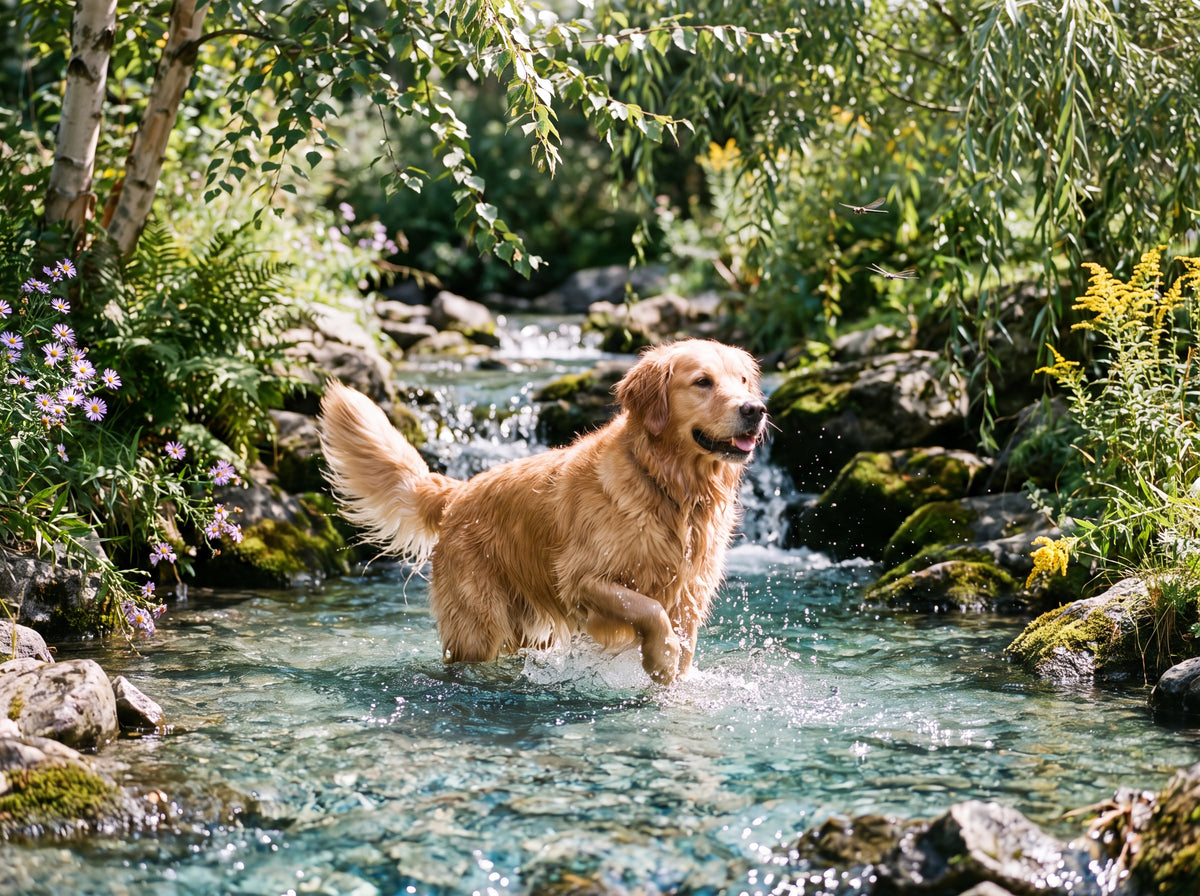 Golden Retriever Splashing in the Summer Creek jigsaw puzzle