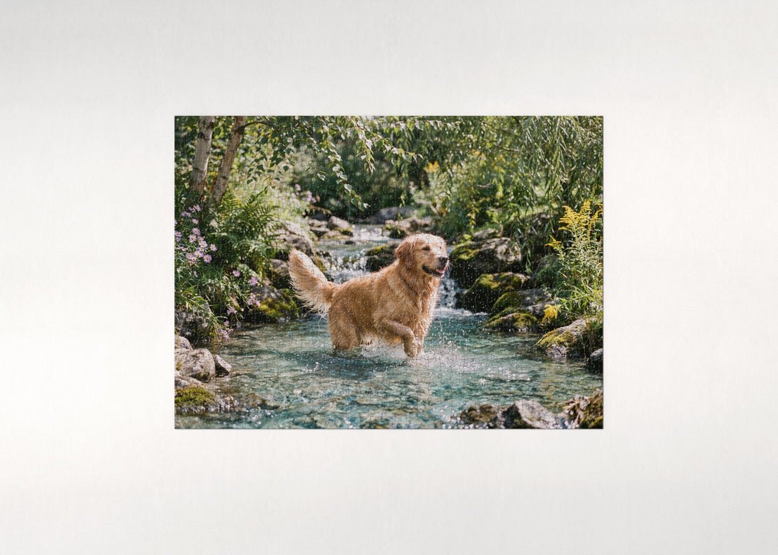 Golden Retriever Splashing in the Summer Creek jigsaw puzzle - gift box