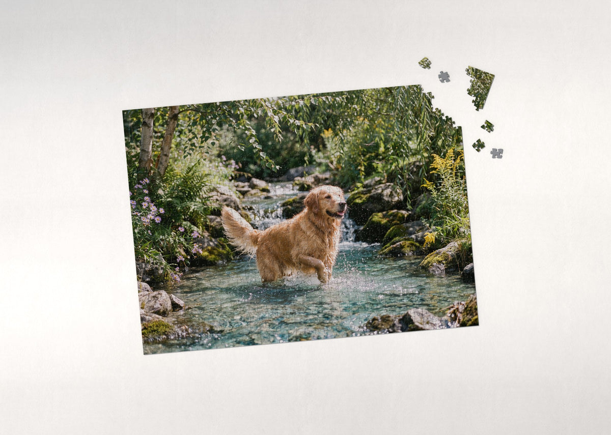 Golden Retriever Splashing in the Summer Creek jigsaw puzzle - puzzle with loose pieces
