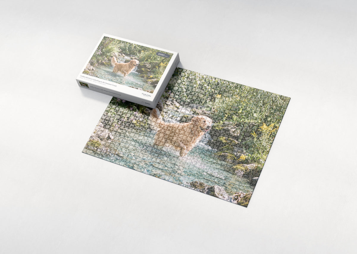Golden Retriever Splashing in the Summer Creek jigsaw puzzle - box and puzzle