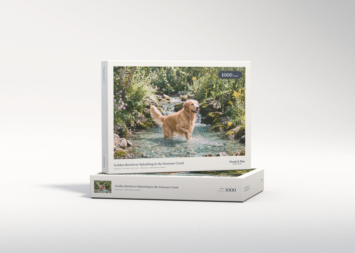 Golden Retriever Splashing in the Summer Creek jigsaw puzzle - gift box
