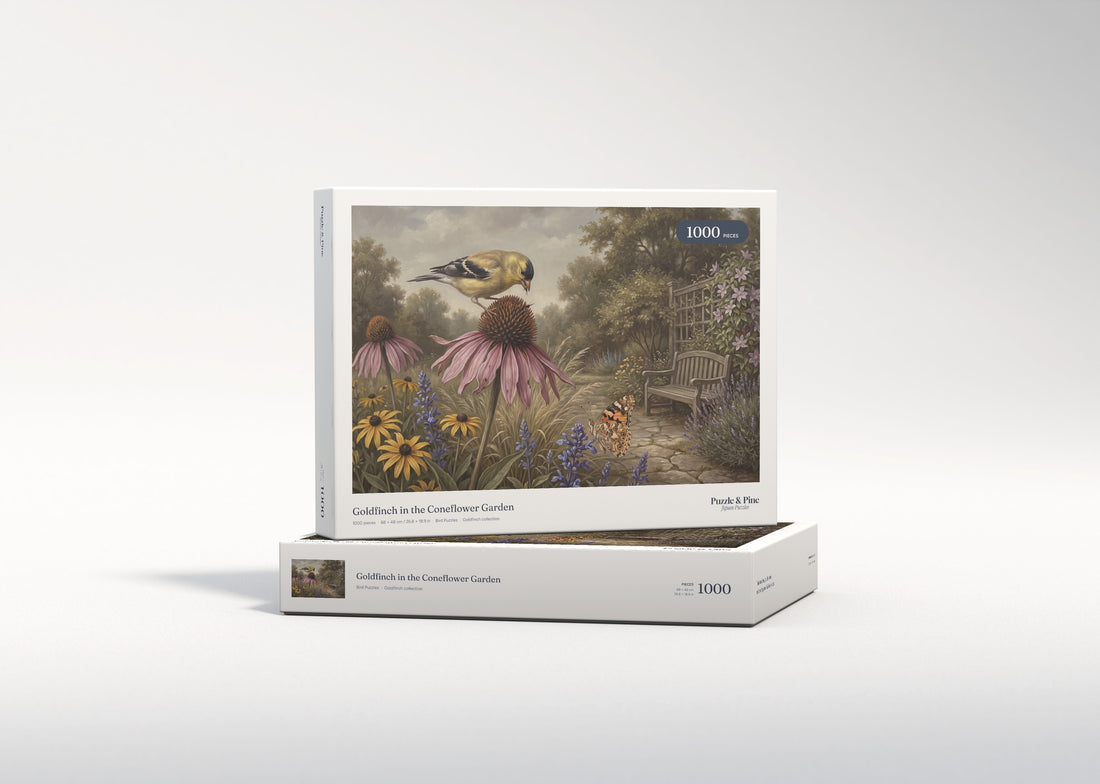 Goldfinch in the Coneflower Garden jigsaw puzzle - gift box