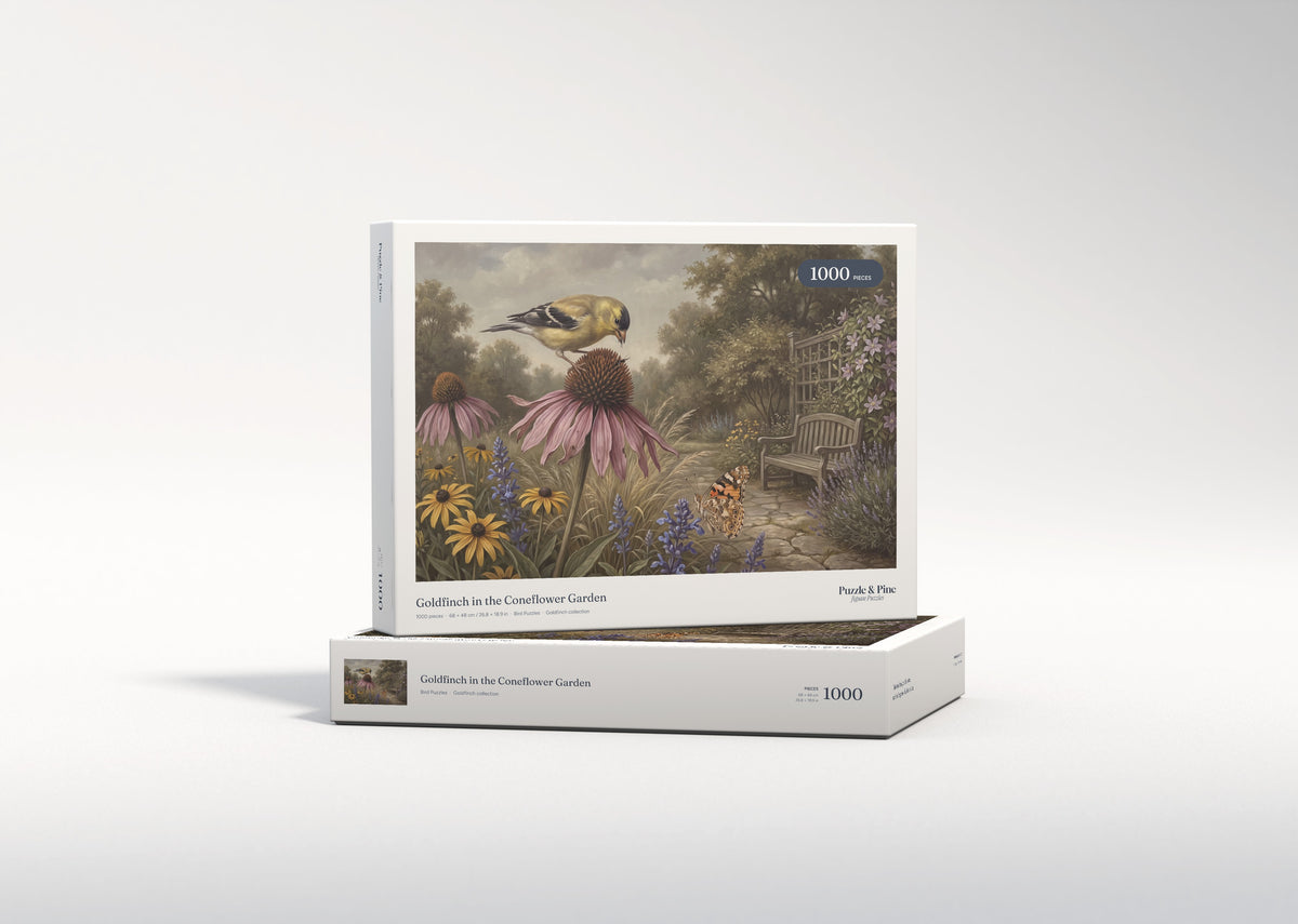 Goldfinch in the Coneflower Garden jigsaw puzzle - gift box