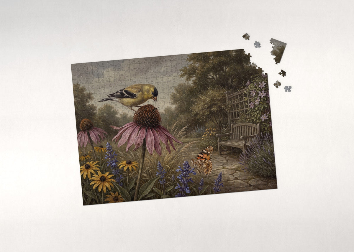Goldfinch in the Coneflower Garden jigsaw puzzle - puzzle with loose pieces