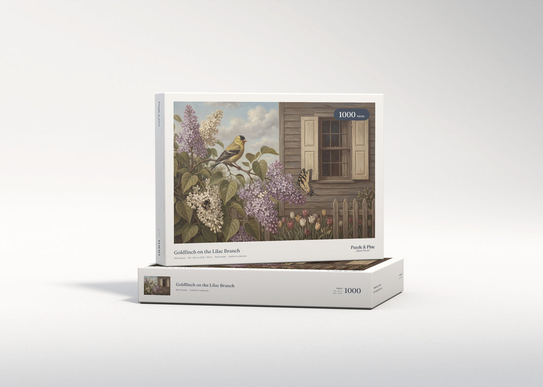 Goldfinch on the Lilac Branch jigsaw puzzle - gift box