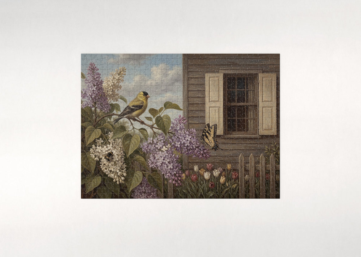 Goldfinch on the Lilac Branch jigsaw puzzle - flat puzzle