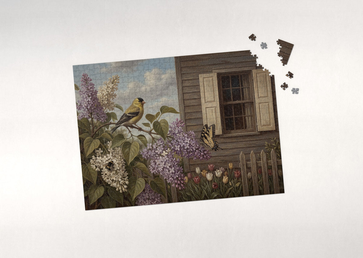 Goldfinch on the Lilac Branch jigsaw puzzle - puzzle with loose pieces