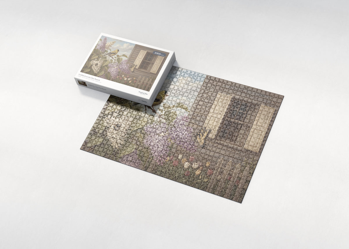 Goldfinch on the Lilac Branch jigsaw puzzle - box and puzzle