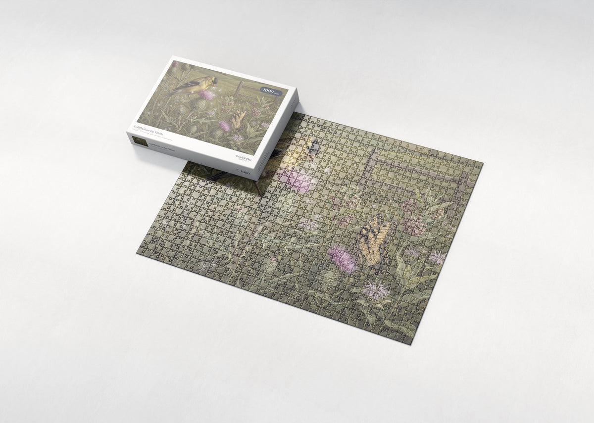 Goldfinch on the Thistle jigsaw puzzle - box and puzzle