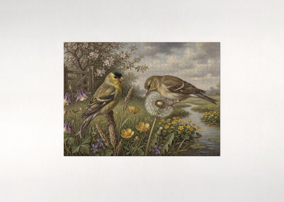 Goldfinch Pair in the Spring Meadow jigsaw puzzle - flat puzzle