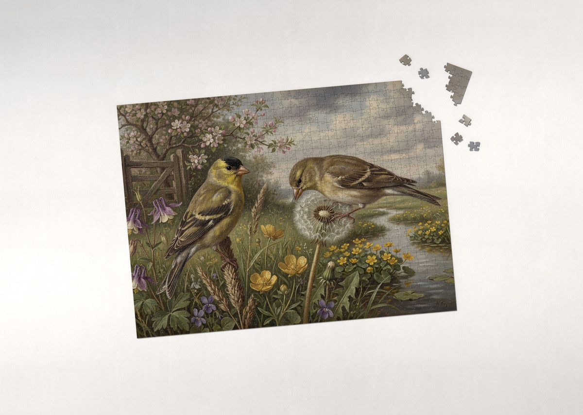 Goldfinch Pair in the Spring Meadow jigsaw puzzle - puzzle with loose pieces