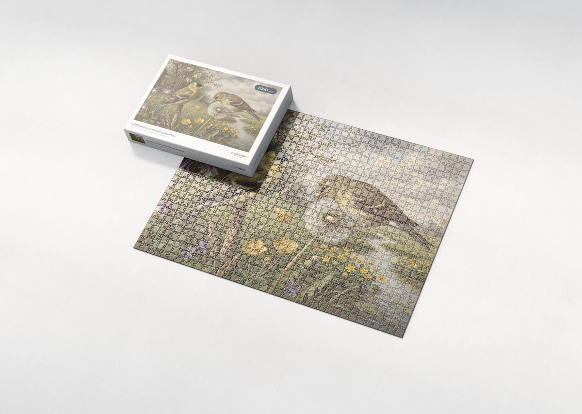Goldfinch Pair in the Spring Meadow jigsaw puzzle - box and puzzle