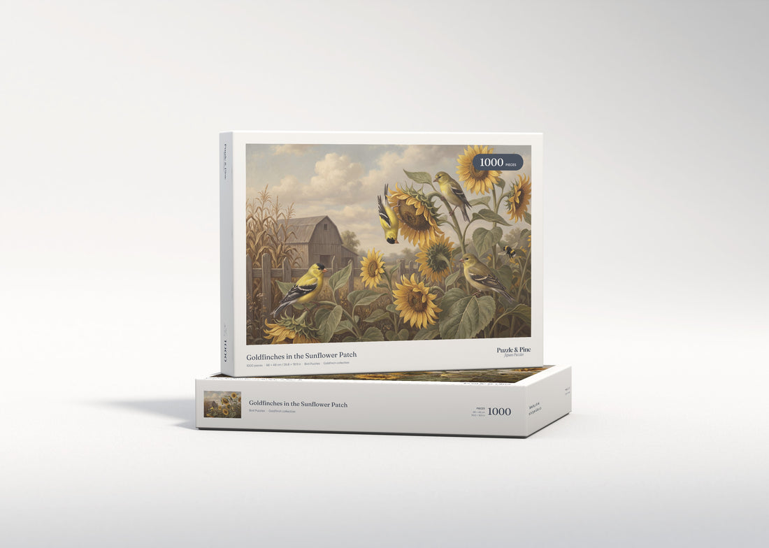 Goldfinches in the Sunflower Patch jigsaw puzzle - gift box